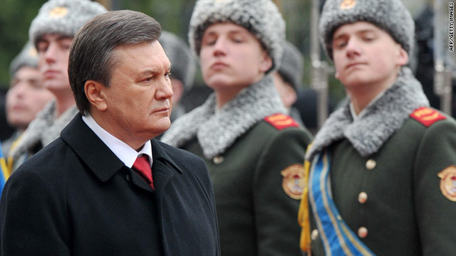 Ukraine's President Viktor Yanukovich reviews an honor guard during his inauguration ceremony.