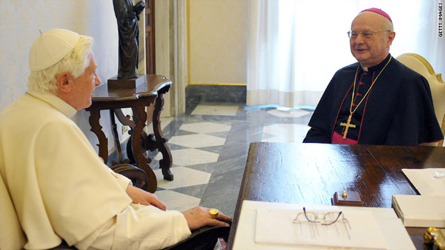 Pope Benedict XVI meets Robert Zollitsch, president of a conference of German bishops, in his office to discuss abuse allegations.