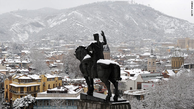 A statue of King Vakhtang Gorgasali watches over the Georgian capital Tbilisi.