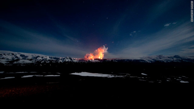 Image shows lava spurting out of the site of a volcanic eruption  near the Eyjafjallajokull glacier on March 27.
