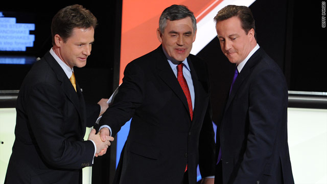 The leaders of the UK's three main parties, Nick Clegg (left to right), Gordon Brown and David Cameron.