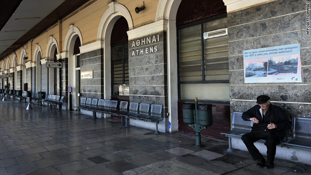 An elderly man sits on an empty train platform in Athens during a 24-hour general strike on May 20, 2010.
