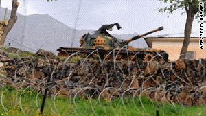 A Turkish tank stationed in the mountains of southeast Turkey, pictured in April.