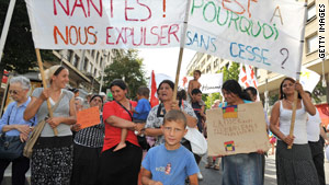 People in Nantes, France, on Saturday protest the treatment of ethnic Roma by the French government.