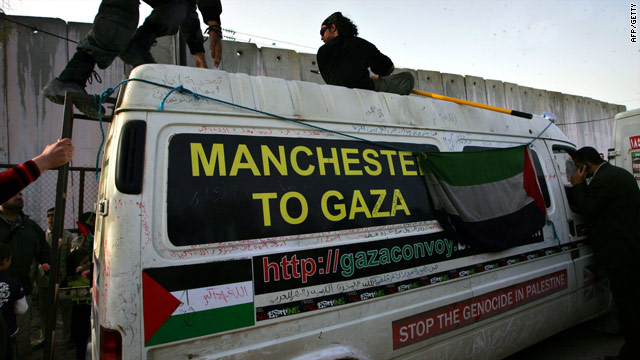 Activists prepare a vehicle on Saturday that will form part of a convoy taking supplies to Gaza.