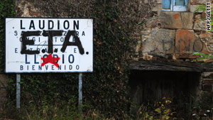 Graffiti in favour of ETA on a sign welcoming visitors to the Northern Spanish Basque village of Llodio.