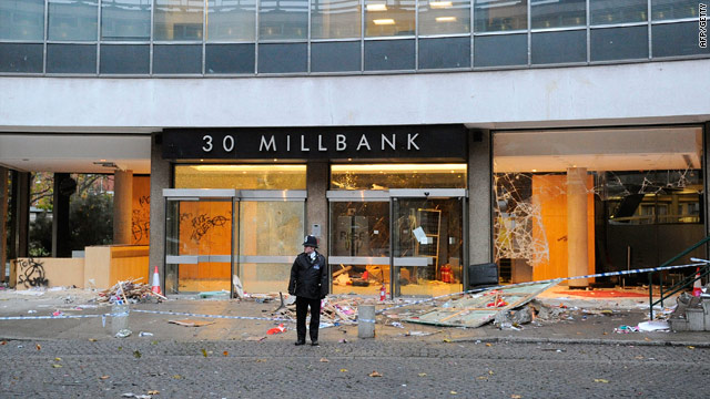 Millbank Tower in London on November 11 after students stormed the headquarters of Britain's ruling party on Wednesday.