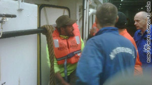 Activists work to break Israel's siege of Gaza aboard the Strofades IV after their ship was taken over in Libya.
