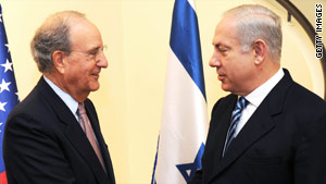 Israeli Prime Minister Benjamin Netanyahu (right) speaks with U.S. Middle East Envoy, George Mitchell.