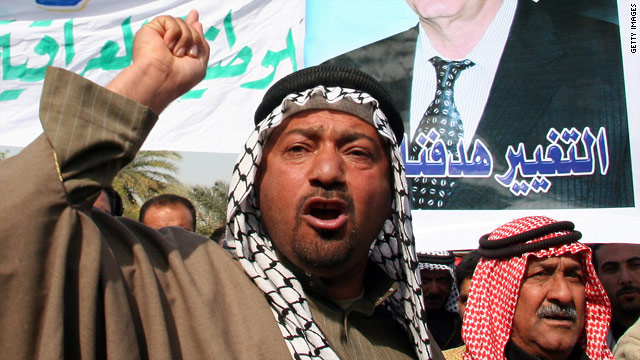 An Iraqi man chants slogans at a rally in support of Saleh al-Mutlaq in Baghdad.