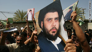 Iraqi Sadrists shout slogans in support of Shiite cleric Muqtada al-Sadr in Baghdad.