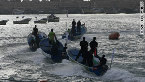 Hamas marine security take to the waters off Gaza City port on May 28 ahead of the expected flotilla.