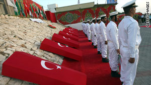 Hamas naval police in Gaza hold a ceremony Sunday for  nine people killed during an Israeli raid on a Gaza-bound aid ship.