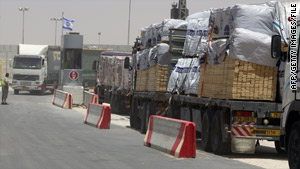 Trucks loaded with goods for Gaza line up at the Kerem Shalom terminal last month.