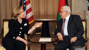 U.S. Secretary of State Hillary Clinton meets Palestinian Authority President Mahmoud Abbas in Arlington, Virginia.