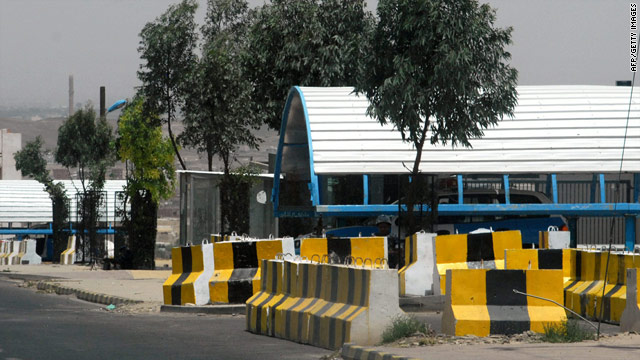 Concrete barriers sit in front of the main entrance of the British Embassy in Sanaa, Yemen.