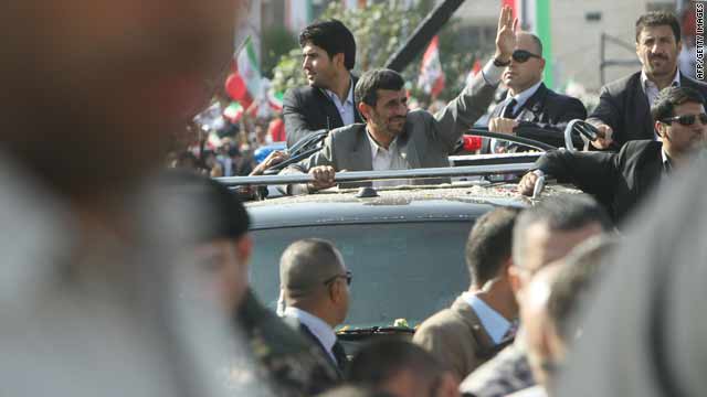 Iran's President Mahmoud Ahmadinejad crosses Beirut airport highway on his first visit to the country on Wednesday