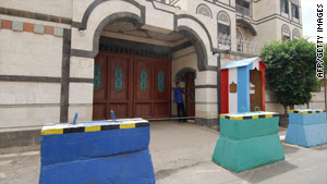 The French Cultural Center takes security precations in the Yemeni capital of Sana'a last week.