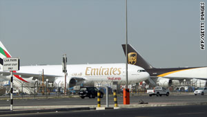 Airliners sit on the tarmac at Dubai airport after a parcel bomb was intercepted in Dubai originating in Yemen.