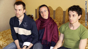 A photo from May shows American hikers Shane Bauer, left, Sarah Shourd and Josh Fattal in Iran.