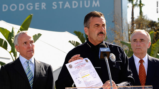 L.A.P.D. Chief Charlie Beck holds an artist's composite of those wanted in the beating of S.F. Giants fan Bryan Stow.