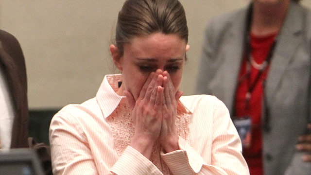 Casey Anthony reacts Tuesday after she was found not guilty of first-degree murder in her daughter's 2008 death.