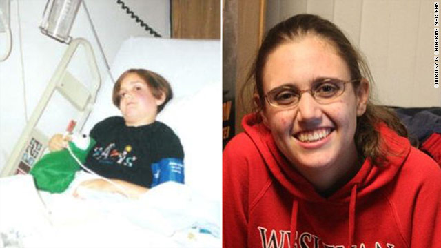 Catherine MacLean in the hospital in 2001, and MacLean as a college freshman this year.