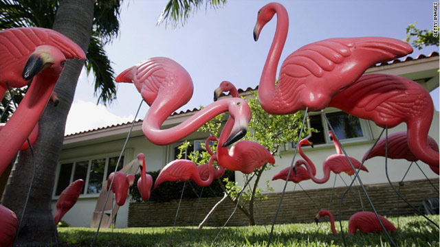 Pink lawn flamingos, first sold for $2.76, were once popular lawn decorations in working-class subdivisions.