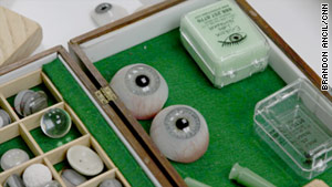 While prosthetic eyes were made of glass before World War II, most are formed with acryilic materials today.