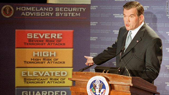 Tom Ridge, then head of the U.S. Homeland Security Department, introduces alert system in Washington March 12, 2002.