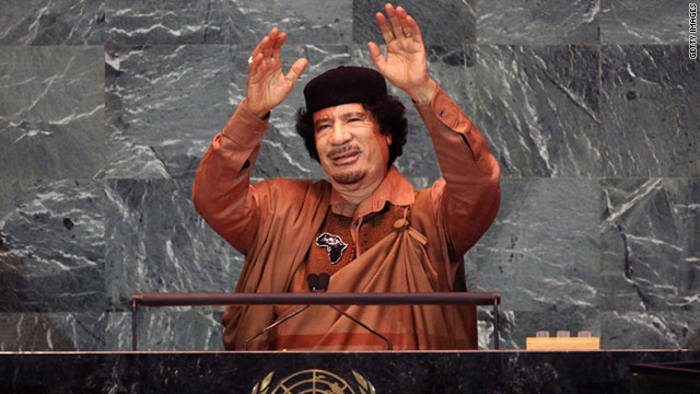 Libyan leader Moammar Gadhafi addresses the U.N. General Assembly in September 2009.