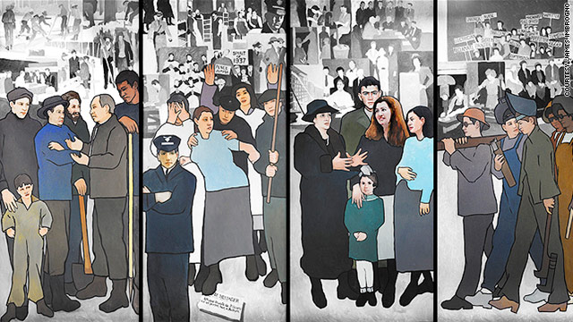 A portion of a mural depicting workers and unions that was ordered removed by Maine Gov. Paul LePage.