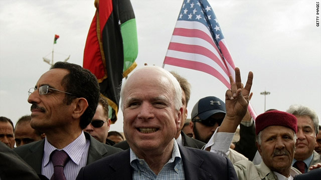 Senator  John McCain tours the Libyan rebel headquarters in their eastern stronghold city of Benghazi on April 22.