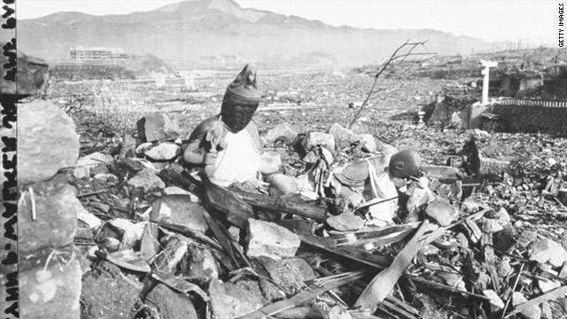 Battered statues of Buddha remain in the ruins, days after an atomic bomb obliterated Nagasaki, Japan, in August, 1945.