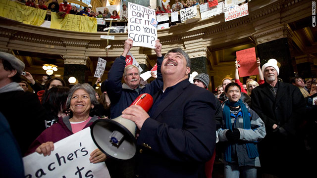 National AFL-CIO President Richard Trumka speaks to protesters in Madison, Washington, on Friday.