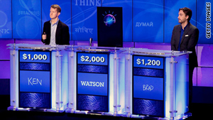 Watson the supercomputer challenges Ken Jennings, left, and Brad Rutter last month on "Jeopardy!"