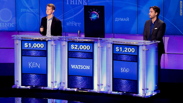 Watson, the IBM-developed supercomputer, challenges Ken Jennings, left, and Brad Rutter  to "Jeopardy!" in January.
