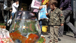 An Iranian boy looks at goldfish for sale ahead of celebrations in Tehran for the Persian New Year on Sunday.
