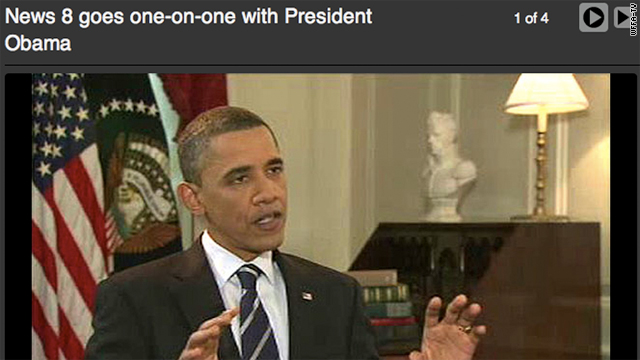 President Barack Obama faces a grilling from a Dallas TV reporter Monday.