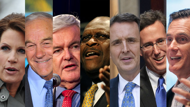 (From left) Bachmann, Paul, Gingrich, Cain, Pawlenty, Santorum and Romney will participate in the debate on June 13.