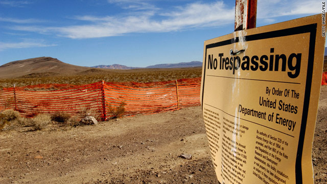 A "no trespassing" sign warns people to stay out of the Yucca Mountain, the proposed site to store nuclear waste.