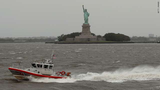 A U.S. Coast Guard boat patrols the choppy waters off Liberty Island hours after Hurricane Irene blew through Sunday.