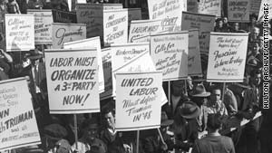 Workers protest in New York in 1946 against President Harry Truman's threat to draft striking workers into the military.
