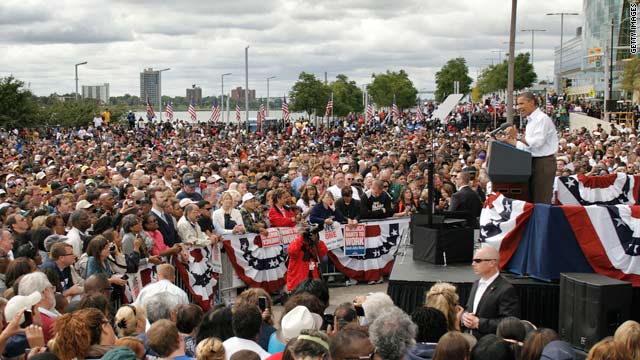 President Barack Obama rallies union supporters outside General Motors headquarters in Detroit on Labor Day.