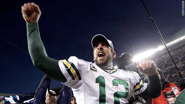 Green Bay quarterback Aaron Rodgers celebrates as his team reach the Super Bowl for the first time in 13 years.