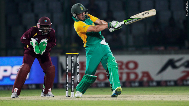 South Africa batsman A.B. de Villiers scored his second successive ton against the West Indies at World Cups.