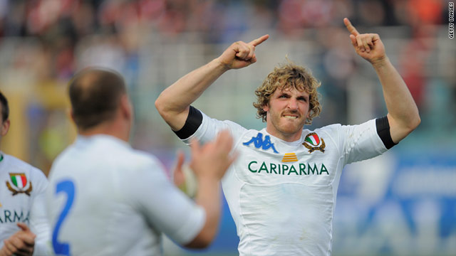 Mirco Bergamasco salutes his side's 22-21 triumph over France in the Six Nations.