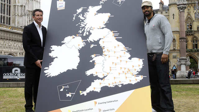 Britain's world boxing champion David Haye, right, helped 2012 chairman Sebastian Coe launch the Olympic torch relay route.