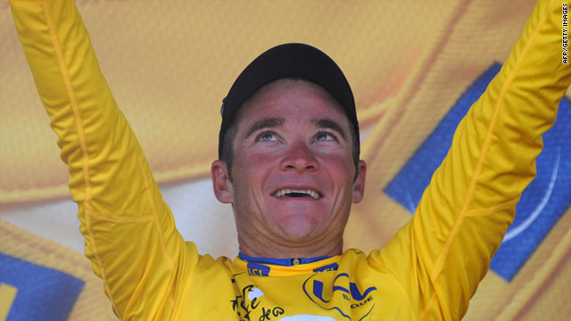 Thomas Voeckler celebrates taking the Tour de France yellow jersey after a ninth stage dull of high drama.