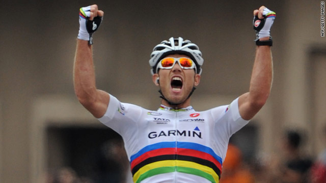 Thor Hushovd celebrates winning the 13th stage of the Tour de France, his ninth stage success in the race.